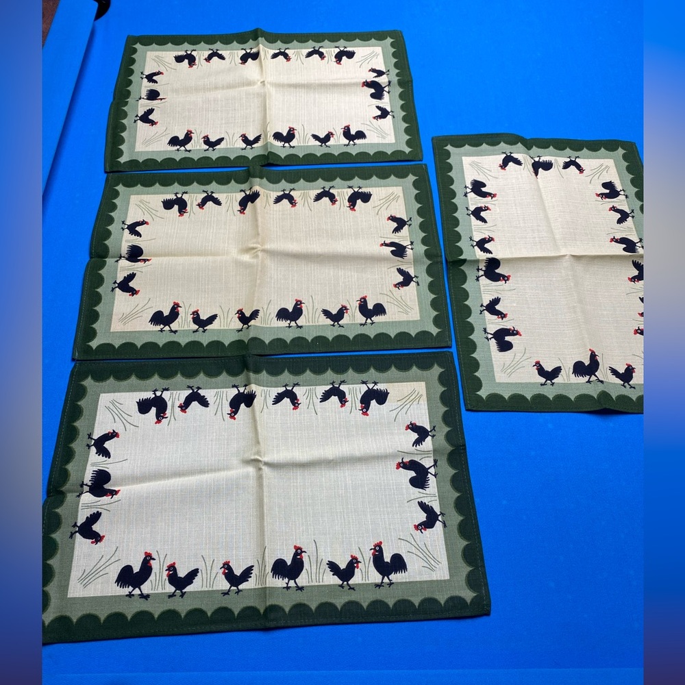 Set of 4 Rooster Vintage Print Placemats - Green & Cream
